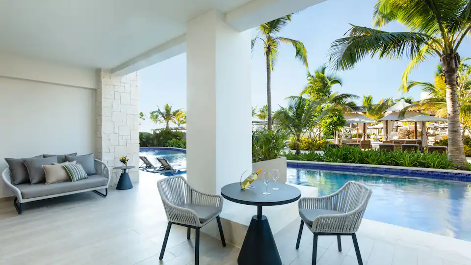 Private terrace with direct swim-up pool access at the Club One Bedroom Master Swim-Up Suite at Hyatt Ziva Cap Cana.