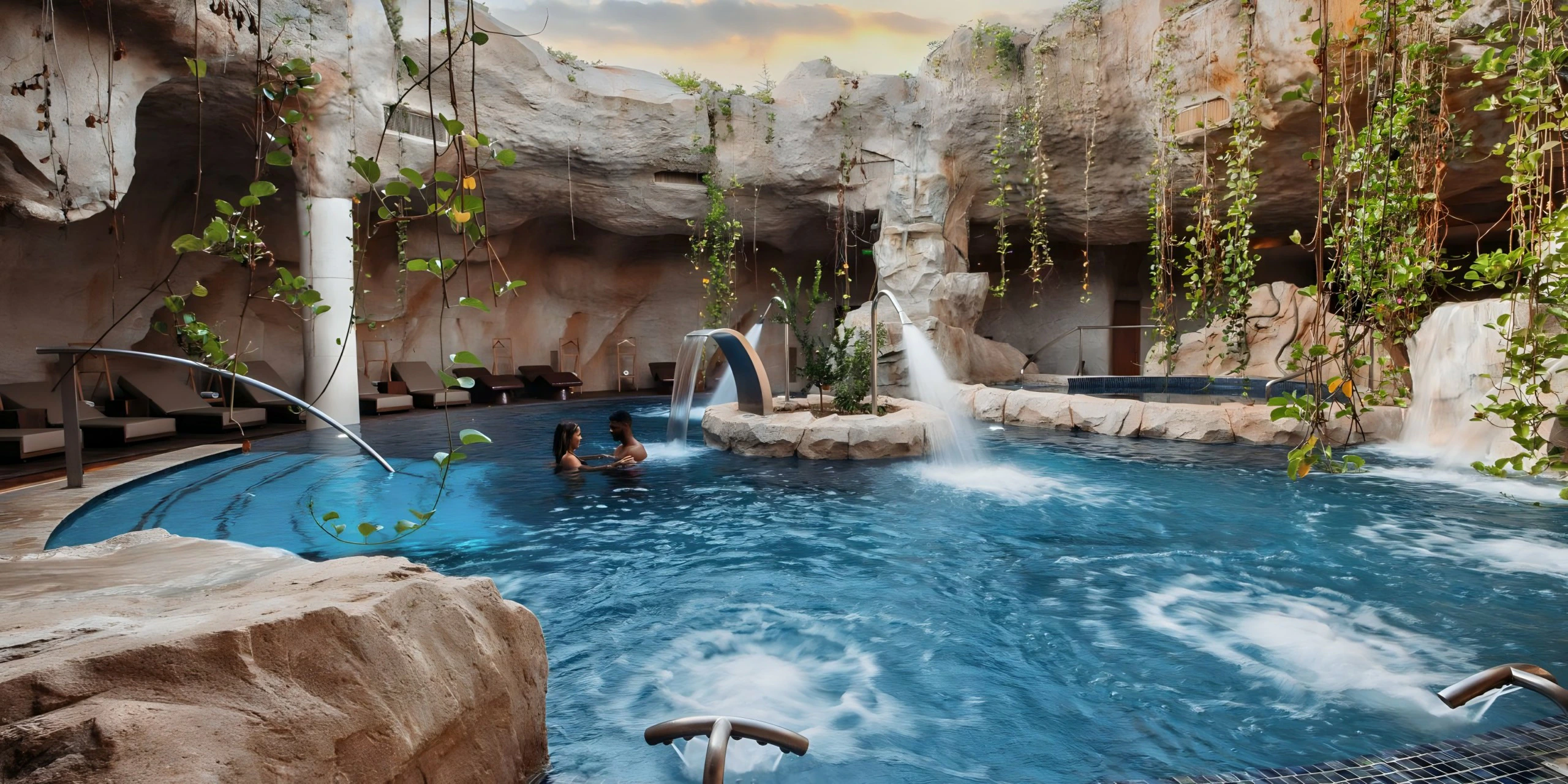 Indoor hydrotherapy pool at Hyatt Ziva Cap Cana Spa featuring waterfalls, relaxation areas, and a tranquil cave-inspired design.