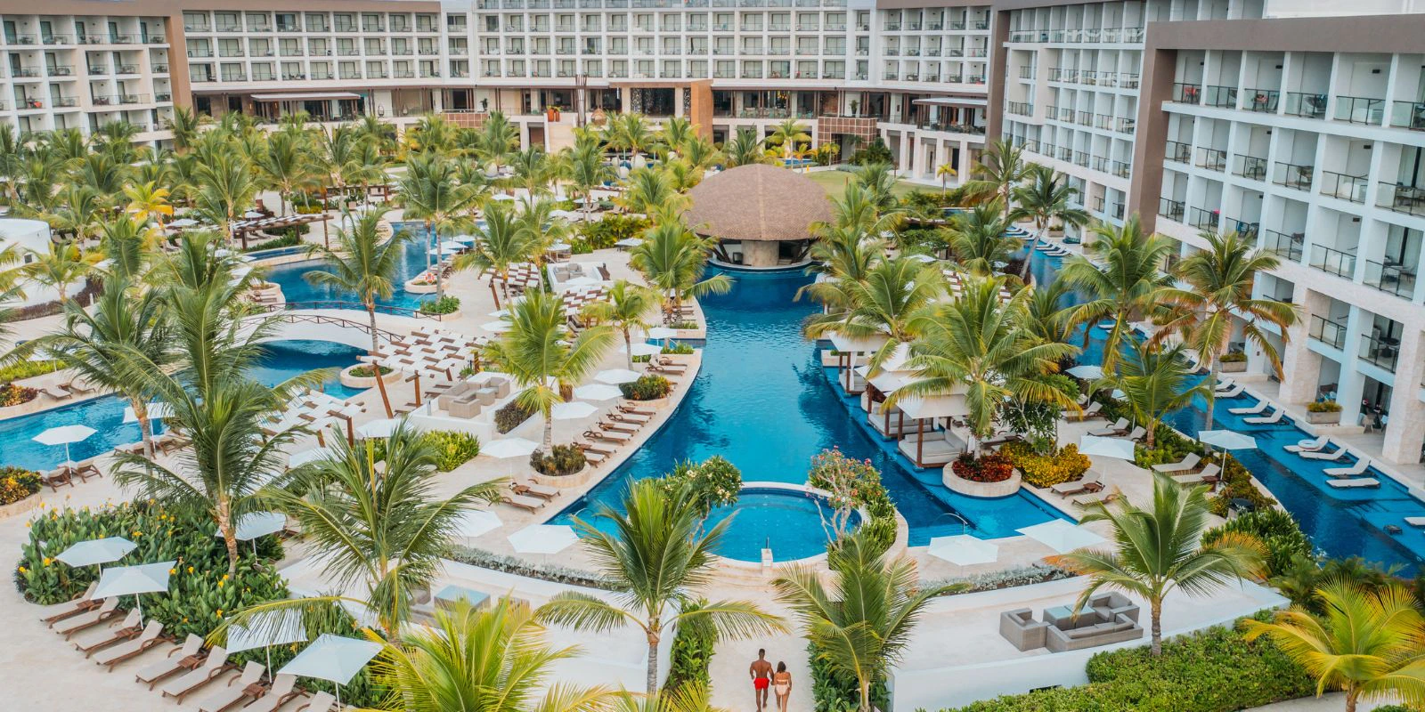 Aerial view of Hyatt Ziva Cap Cana’s lagoon-style pools, tropical landscaping, and luxury resort accommodations in Punta Cana.