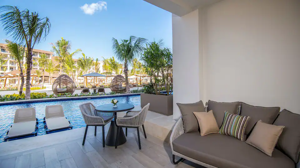 Junior Suite Swim Up Double terrace with semi-private pool access at Hyatt Ziva Cap Cana.